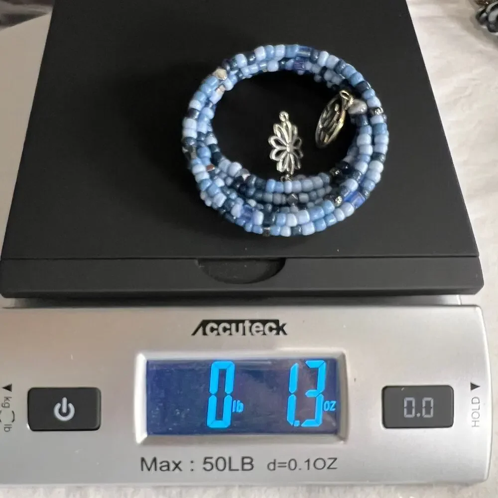 Hand Beaded Coil Bracelet Blue Tones Seed Beads Silver tone Charms